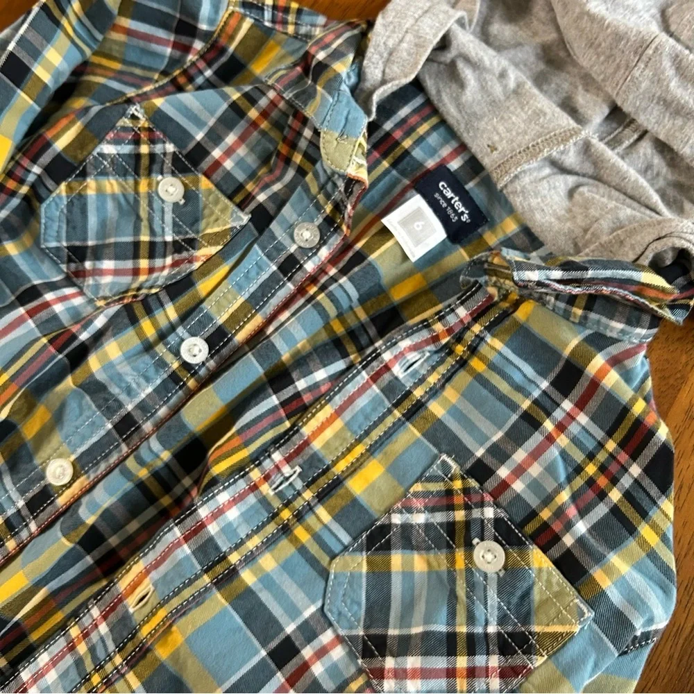 Plaid Hooded Button-Down Shirt Jacket | Boy Size 6 | Blue Yellow Gray | Carter’s